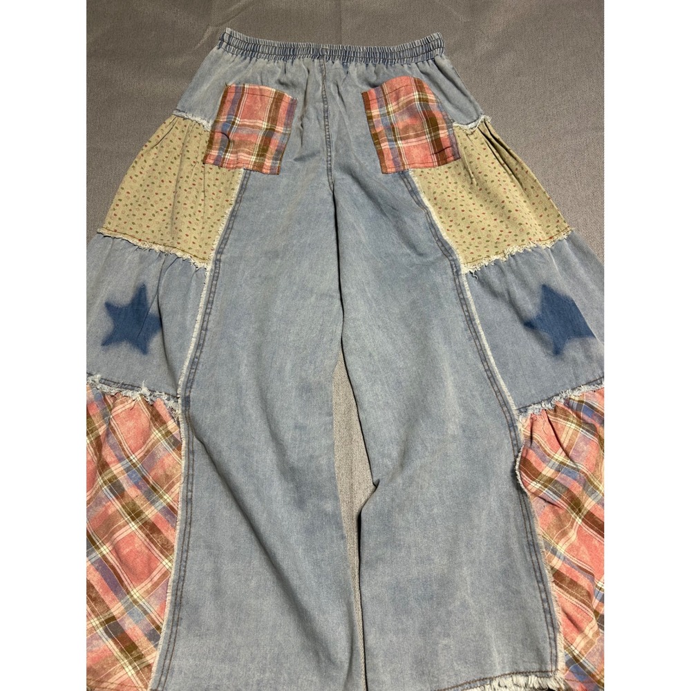 POL Patchwork Jeans Women Large Blue Star Plaid Floral Wide Leg Boho Denim - Picture 3 of 9